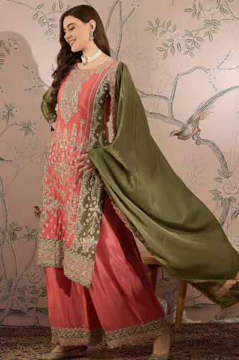 peach chinon embroidered straight kurta with  bottom & chinon dupatta