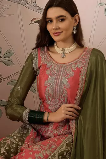 peach chinon embroidered straight kurta with  bottom & chinon dupatta