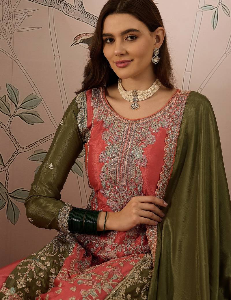 peach chinon embroidered straight kurta with   bottom & chinon dupatta