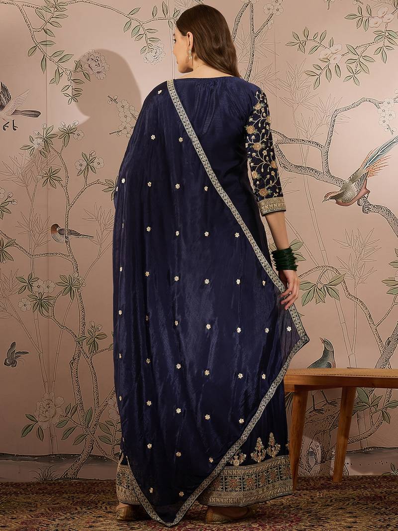 blue chinon   straight kurta with bottom & dupatta