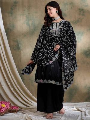 black vichitra silk  straight kurta with bottom & dupatta 1
