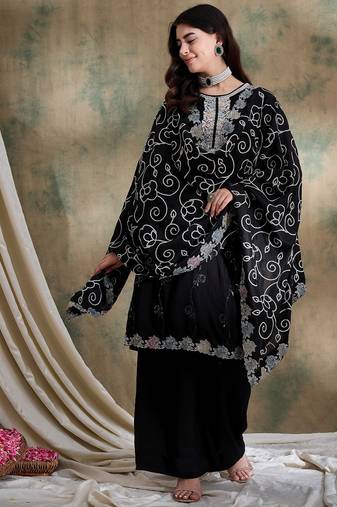 black vichitra silk   straight kurta with bottom & dupatta