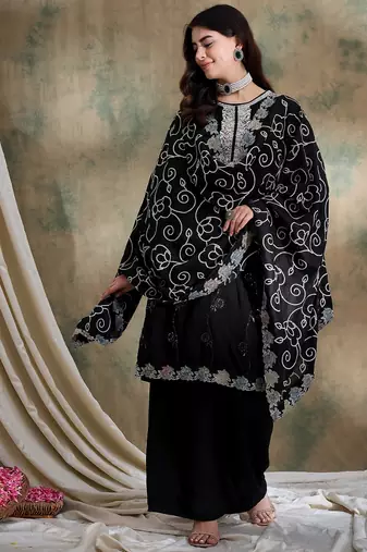 black vichitra silk  straight kurta with bottom & dupatta