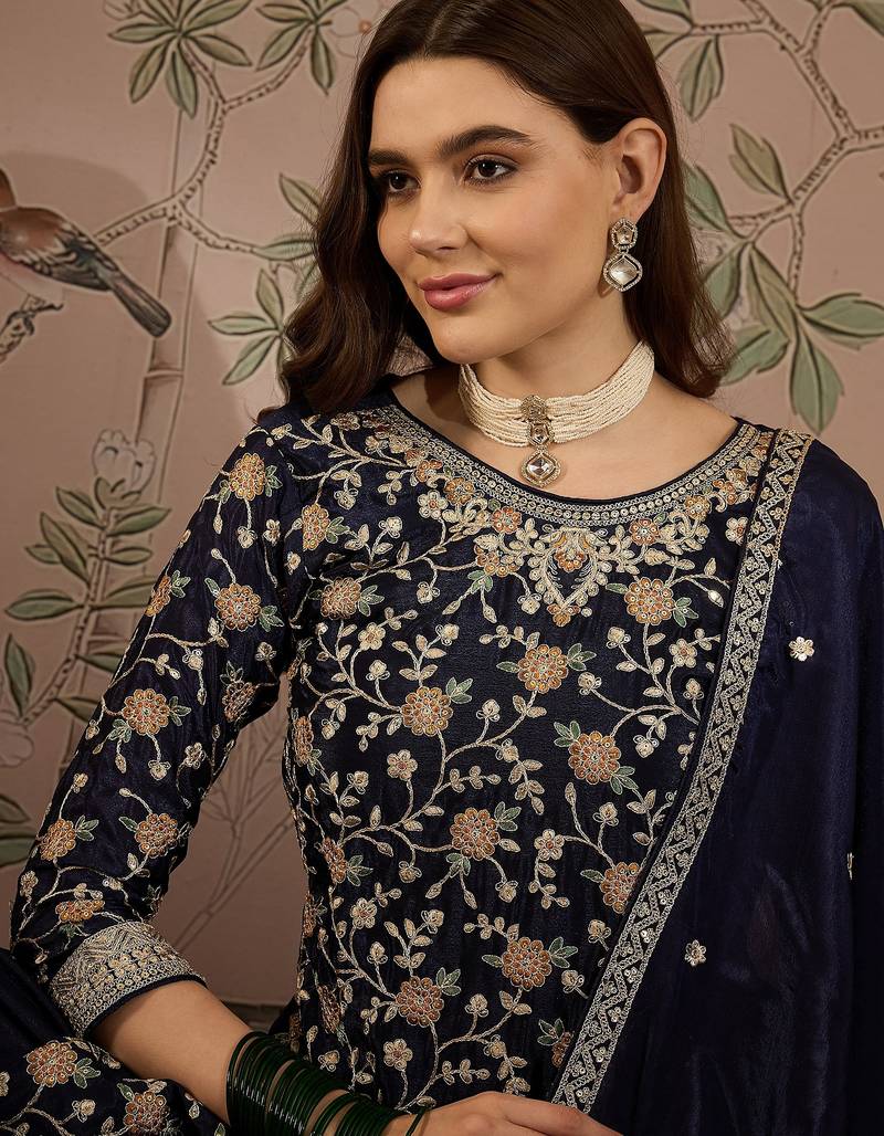 blue chinon   straight kurta with bottom & dupatta