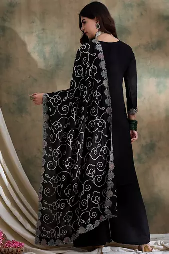 black vichitra silk  straight kurta with bottom & dupatta