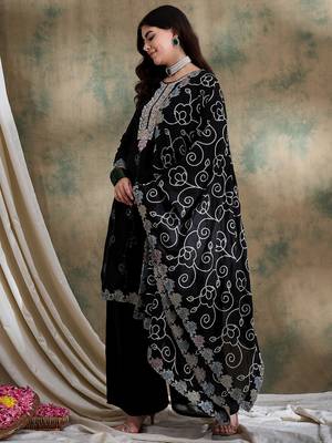 black vichitra silk  straight kurta with bottom & dupatta 3