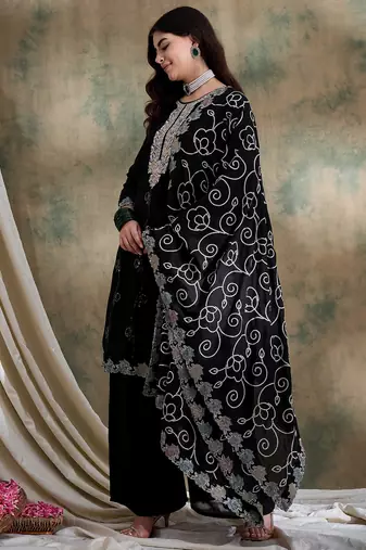 black vichitra silk  straight kurta with bottom & dupatta