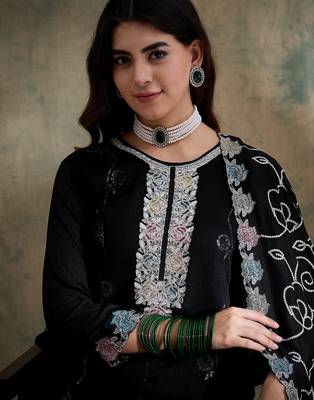 black vichitra silk  straight kurta with bottom & dupatta 4