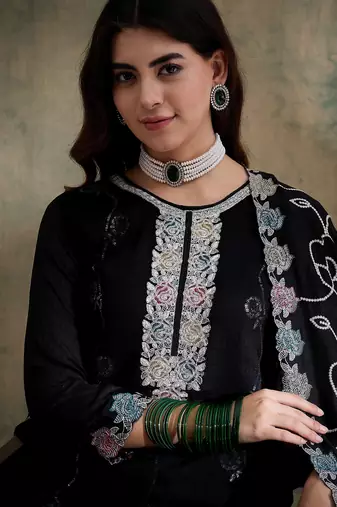 black vichitra silk  straight kurta with bottom & dupatta