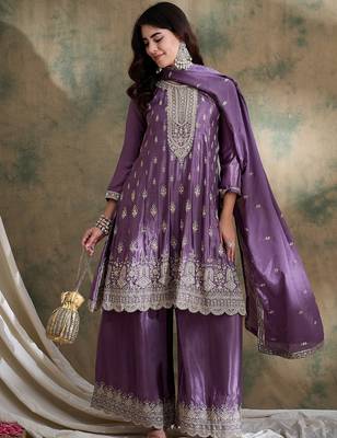 purple chinon  anarkali kurta with bottom & dupatta 1