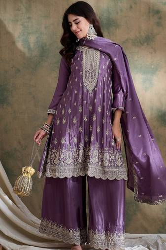 purple chinon  anarkali kurta with bottom & dupatta