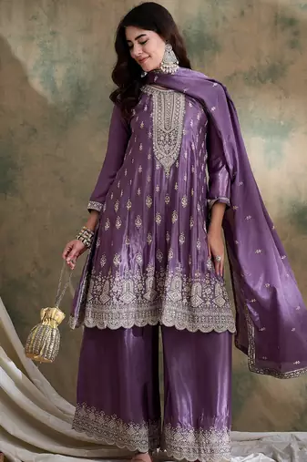 purple chinon  anarkali kurta with bottom & dupatta