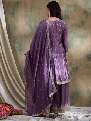purple chinon  anarkali kurta with bottom & dupatta 2
