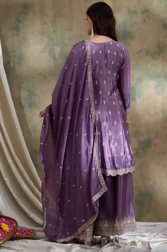 purple chinon  anarkali kurta with bottom & dupatta