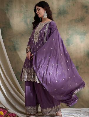 purple chinon  anarkali kurta with bottom & dupatta 3