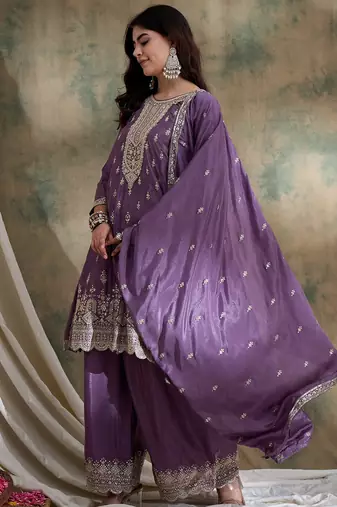 purple chinon  anarkali kurta with bottom & dupatta