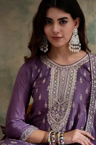 purple chinon  anarkali kurta with bottom & dupatta