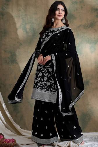 black faux georgette   straight kurta with bottom & dupatta