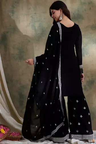 black faux georgette  straight kurta with bottom & dupatta