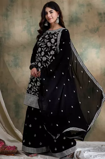 black faux georgette  straight kurta with bottom & dupatta