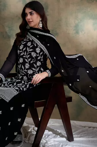 black faux georgette  straight kurta with bottom & dupatta