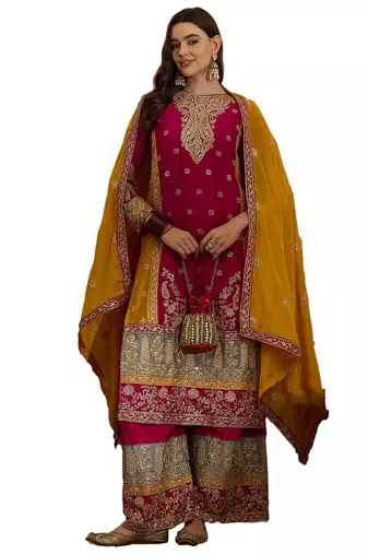 pink chinon   straight kurta with bottom & dupatta