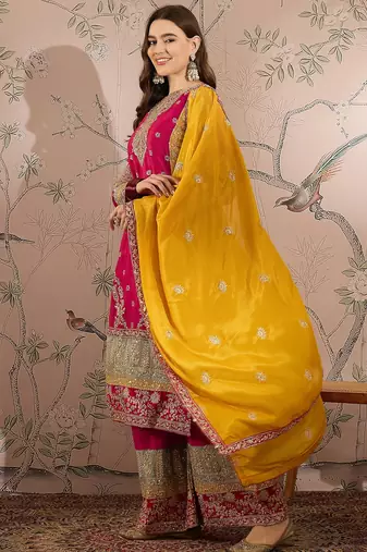 pink chinon  straight kurta with bottom & dupatta