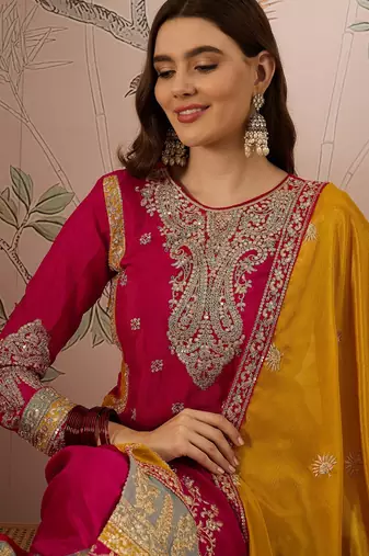 pink chinon  straight kurta with bottom & dupatta