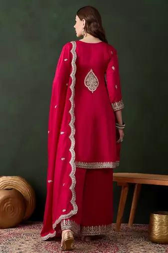 pink vichitra silk  straight kurta with bottom & dupatta