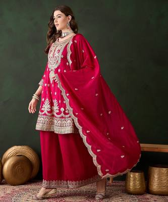 pink vichitra silk  straight kurta with bottom & dupatta 3