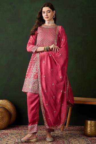 pink vichitra silk   flared kurta with bottom & dupatta