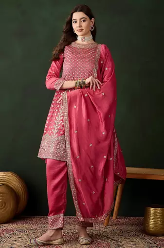 pink vichitra silk  flared kurta with bottom & dupatta