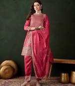 pink vichitra silk  flared kurta with bottom & dupatta