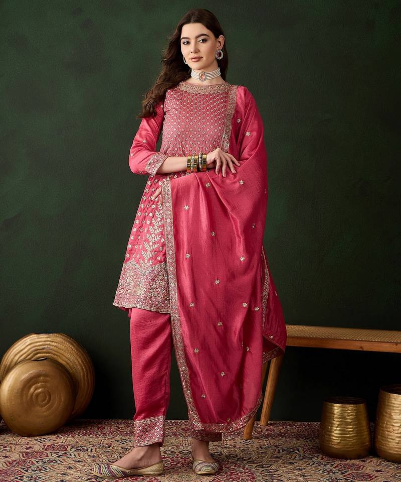 pink vichitra silk   flared kurta with bottom & dupatta