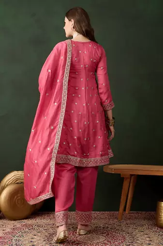 pink vichitra silk  flared kurta with bottom & dupatta