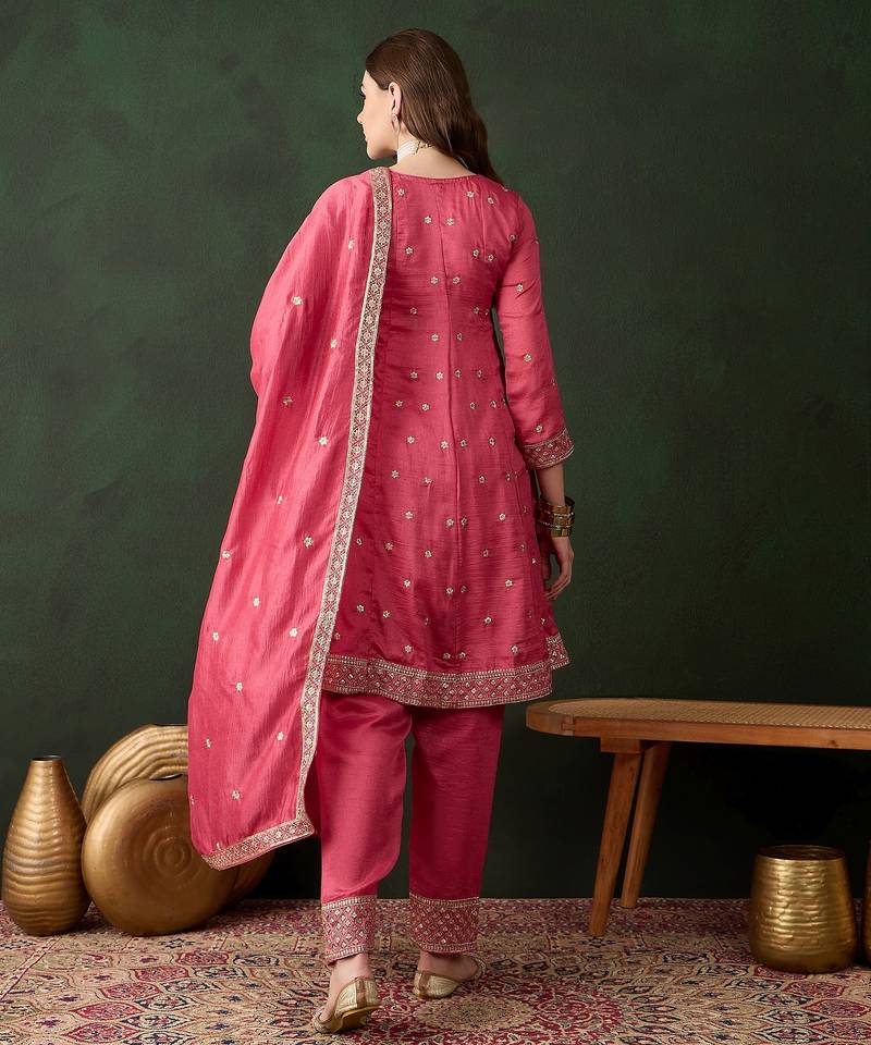 pink vichitra silk   flared kurta with bottom & dupatta