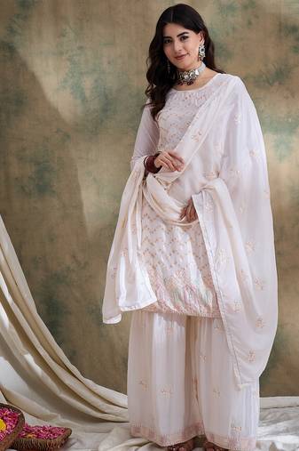 white chinon   straight kurta with bottom & dupatta
