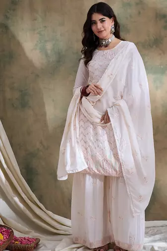 white chinon  straight kurta with bottom & dupatta