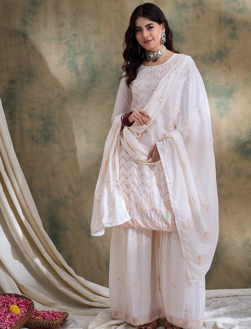 white chinon   straight kurta with bottom & dupatta