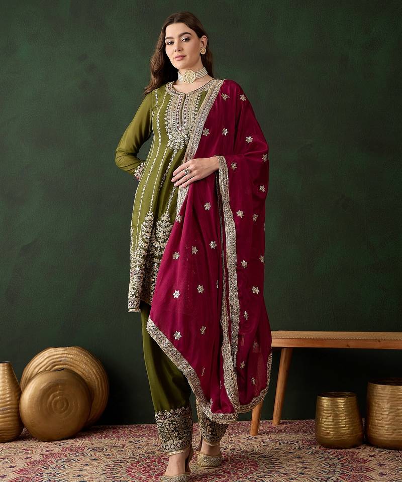 mehendi chinon   anarkali top with bottom & dupatta