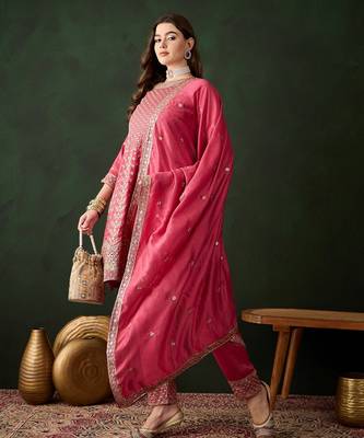 pink vichitra silk  flared kurta with bottom & dupatta 3