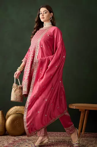 pink vichitra silk  flared kurta with bottom & dupatta