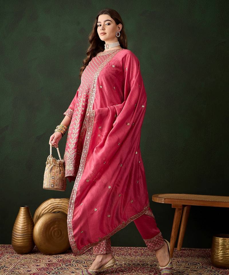 pink vichitra silk   flared kurta with bottom & dupatta