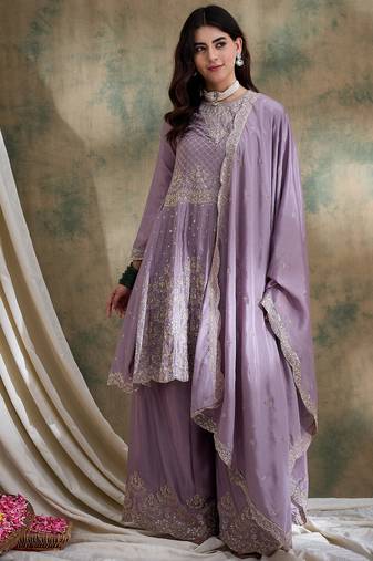 light purple chinon   straight kurta with bottom & dupatta