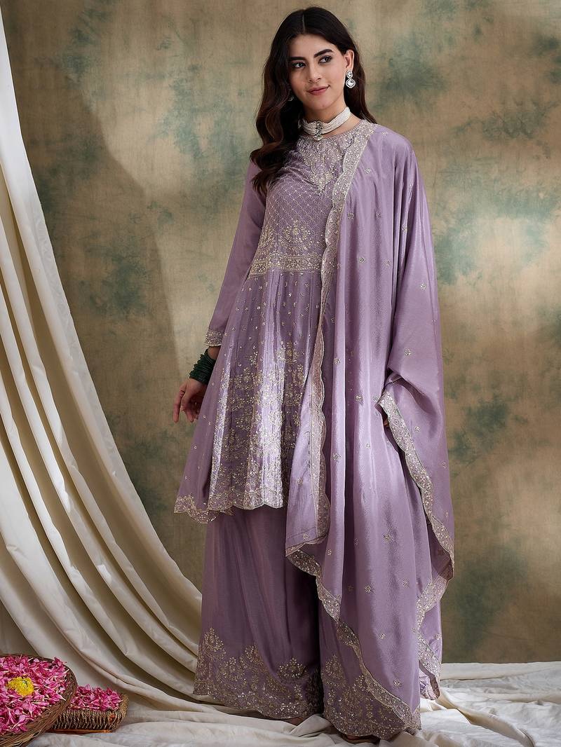 light purple chinon   straight kurta with bottom & dupatta