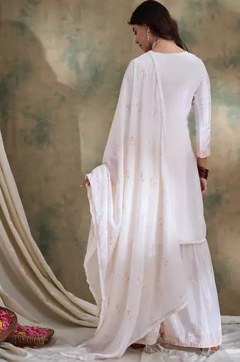 white chinon  straight kurta with bottom & dupatta