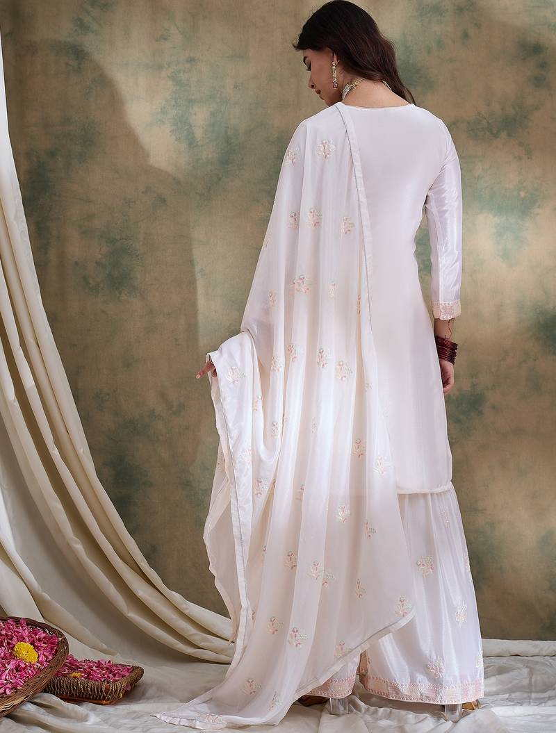 white chinon   straight kurta with bottom & dupatta