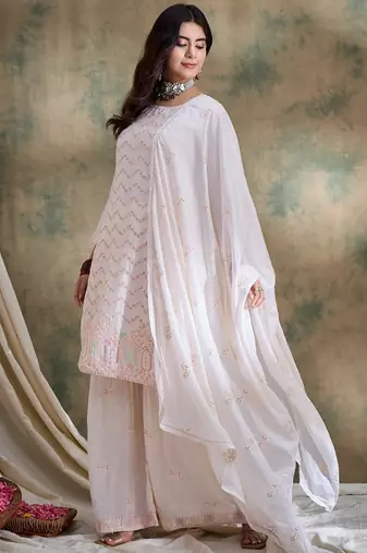 white chinon  straight kurta with bottom & dupatta