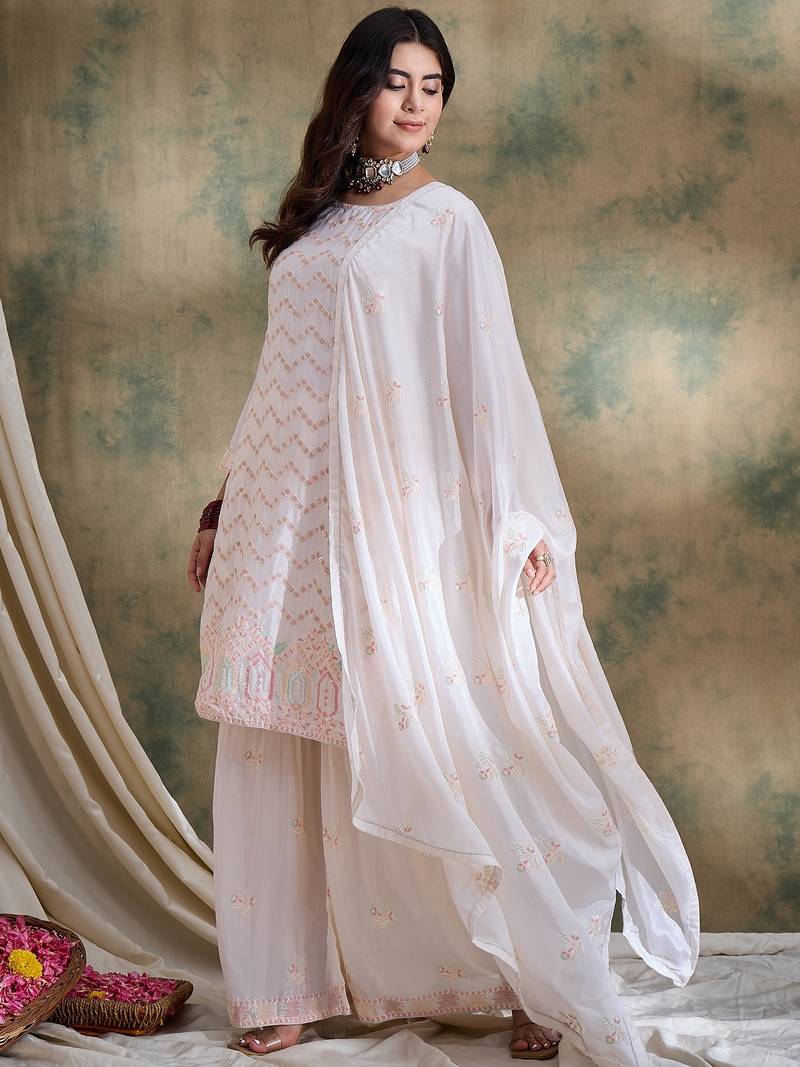white chinon   straight kurta with bottom & dupatta