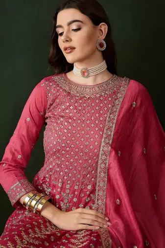 pink vichitra silk  flared kurta with bottom & dupatta